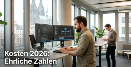 A software developer working on custom software development in a Cologne office with modern monitors showing code and project documentation.