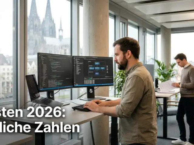 A software developer working on custom software development in a Cologne office with modern monitors showing code and project documentation.