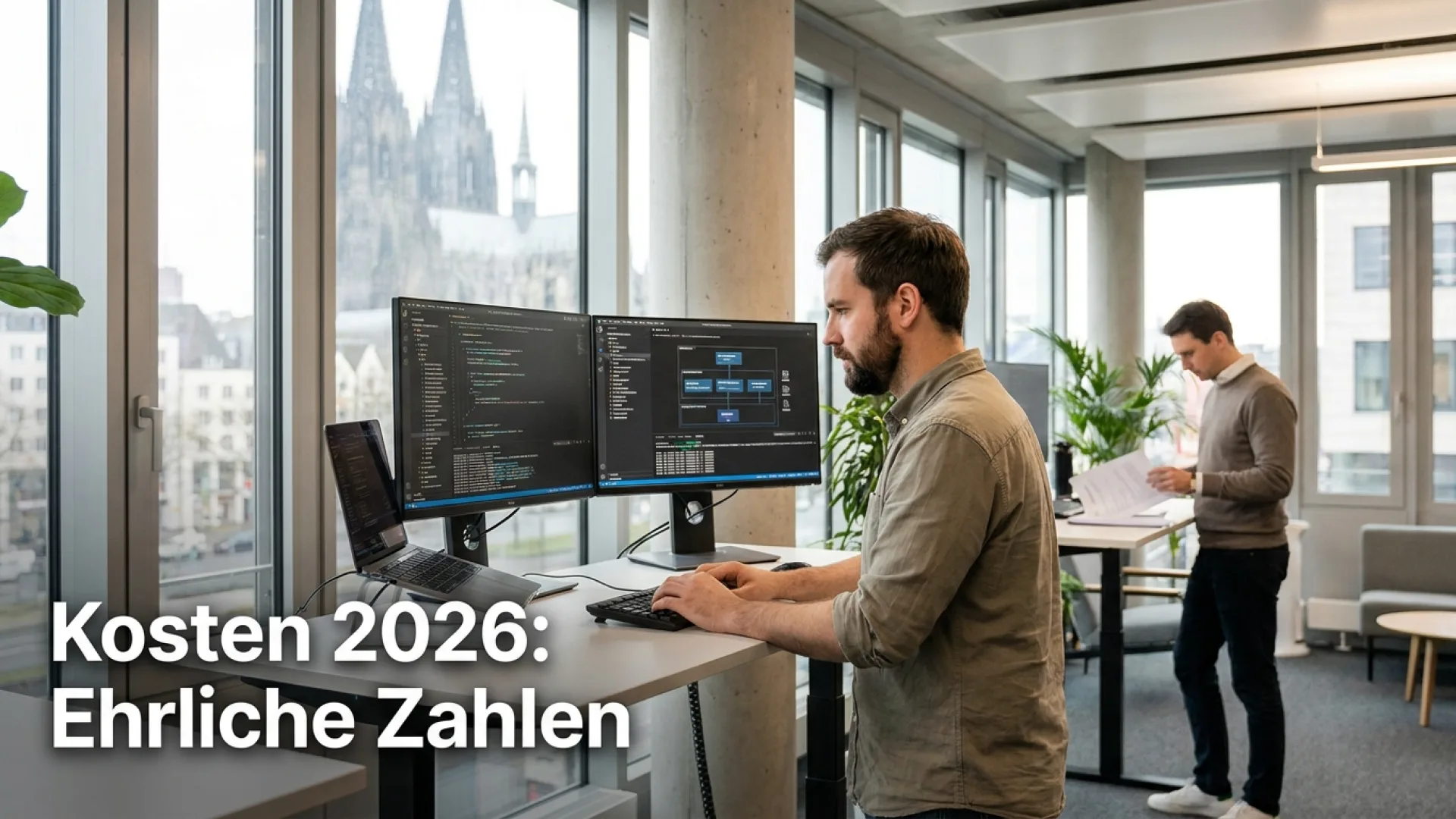 A software developer working on custom software development in a Cologne office with modern monitors showing code and project documentation.