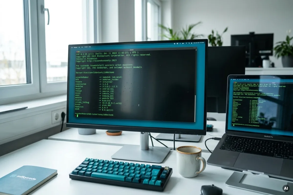 Ein Terminal oder Code-Editor zeigt die PHP-Versionsinformation nach einem Versionscheck-Befehl.