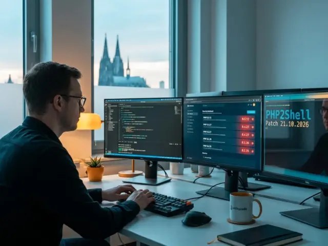 Ein Entwickler überwacht auf mehreren Monitoren die PHP-Versionsupdate gegen die PHP2Shell Sicherheitslücke mit Echtzeit-Sicherheitswarnungen.