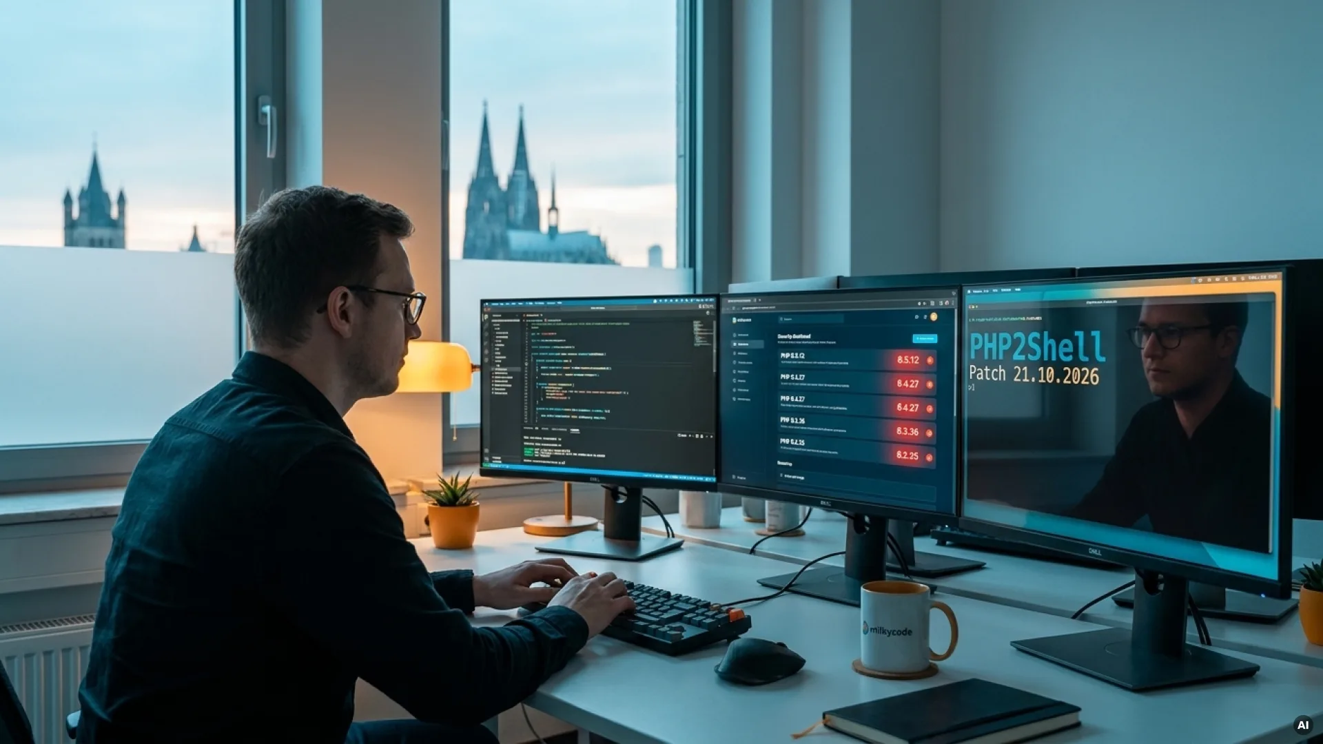 Ein Entwickler überwacht auf mehreren Monitoren die PHP-Versionsupdate gegen die PHP2Shell Sicherheitslücke mit Echtzeit-Sicherheitswarnungen.